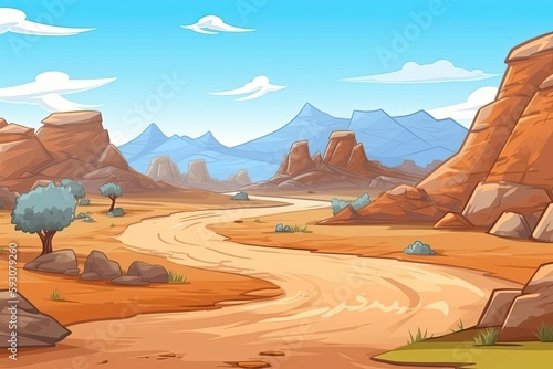 winding dirt road in the middle of a vast desert landscape. Generative AI