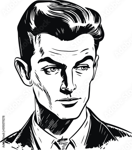 Vintage man  60s style young man . Retro comics black and white ink drawing, American cartoon advertising illustration, vector, SVG