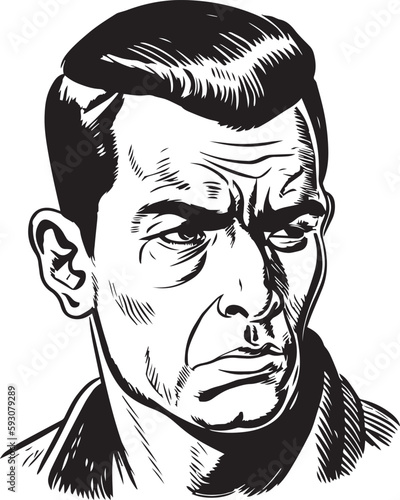 Vintage man  60s style young man . Retro comics black and white ink drawing, American cartoon advertising illustration, vector, SVG