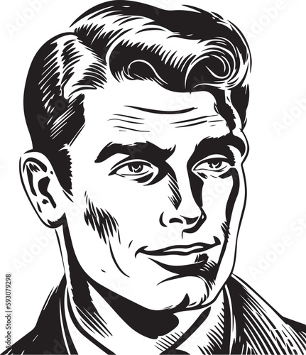 Vintage man  60s style young man . Retro comics black and white ink drawing, American cartoon advertising illustration, vector, SVG