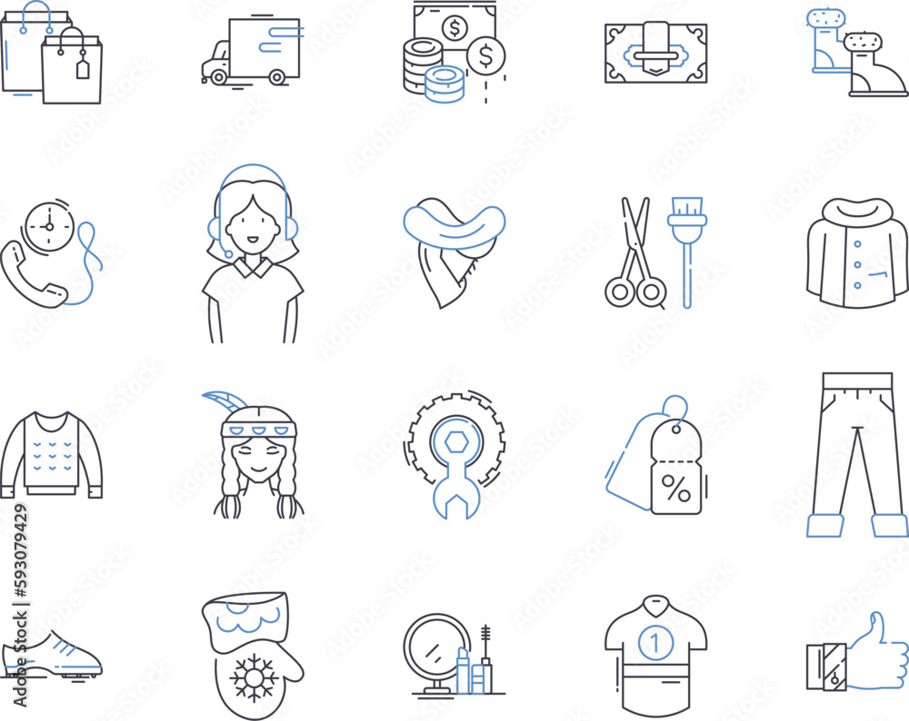 Shop and customer outline icons collection. Shop, Customer, Shopping, Buyer, Store, Purchaser, Retail vector and illustration concept set. Buy, Merchant, Seller linear signs
