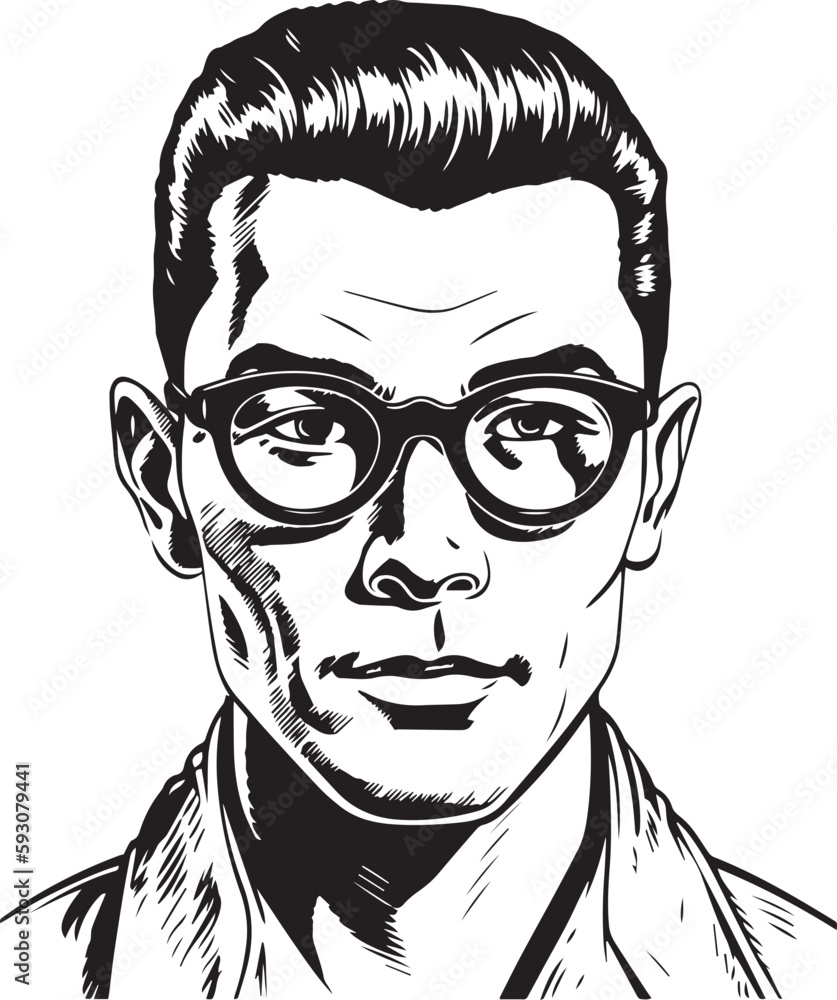 Fototapeta premium Vintage Japanese man 60s style young man . Retro comics black and white ink drawing, American cartoon advertising illustration, vector, SVG