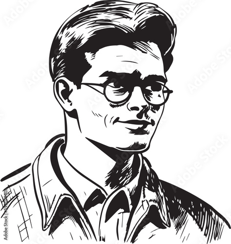 Vintage man in glasses 60s style young man . Retro comics black and white ink drawing, American cartoon advertising illustration, vector, SVG