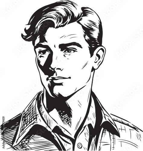 Vintage man  60s style young man . Retro comics black and white ink drawing, American cartoon advertising illustration, vector, SVG
