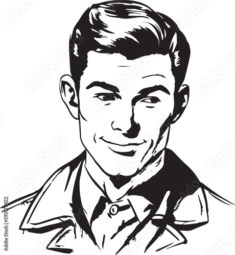 Vintage man  60s style young man . Retro comics black and white ink drawing, American cartoon advertising illustration, vector, SVG