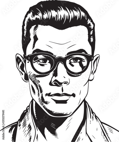 Vintage Japanese  man  60s style young man . Retro comics black and white ink drawing, American cartoon advertising illustration, vector, SVG