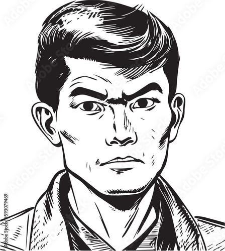 Vintage Japanese  man  60s style young man . Retro comics black and white ink drawing, American cartoon advertising illustration, vector, SVG