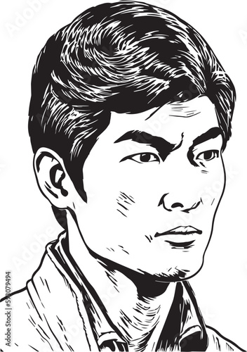 Vintage Japanese  man  60s style young man . Retro comics black and white ink drawing, American cartoon advertising illustration, vector, SVG