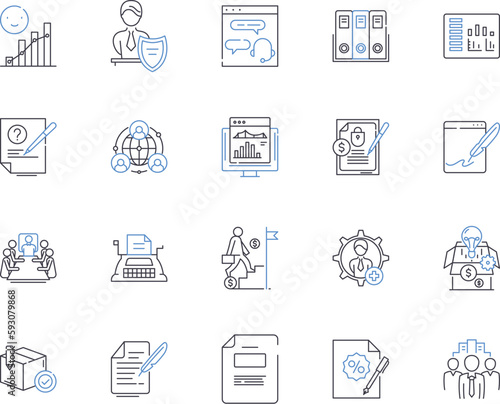 Credit management outline icons collection. Credit, Management, Accounts, Loans, Debts, Financials, Reconcile vector and illustration concept set. Risk, Evaluation, Monitoring linear signs