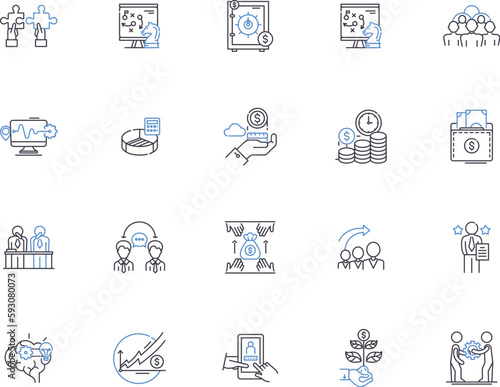 Objectives and Key Results outline icons collection. Goals, Objectives, Outcomes, Success, Metrics, KRA, KRAs vector and illustration concept set. KPI, KPIs, Initiatives linear signs
