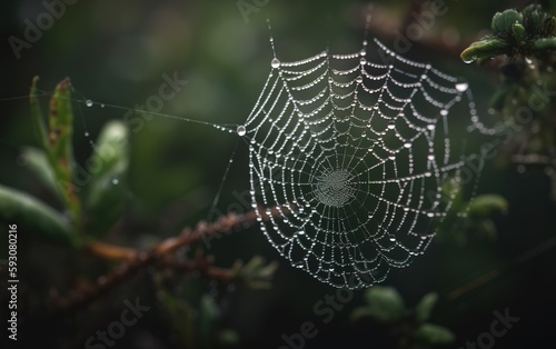 spider web with dew drops.  Generative AI © FTE