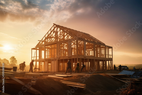 Typical american wooden house construction site with workers doing work in sunset, high quality generative ai