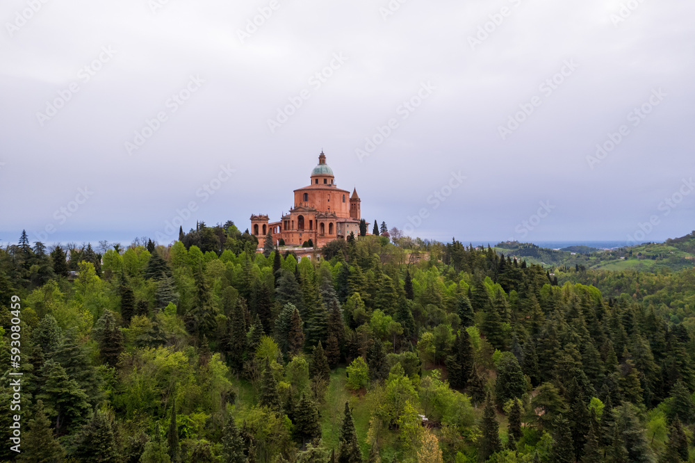 Aerial view of sanctuary of Madonna di San Luca in Bologna
