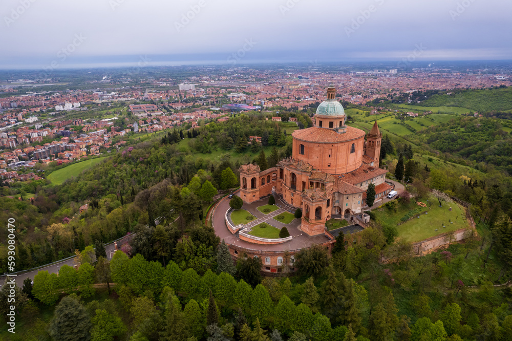 Aerial view of sanctuary of Madonna di San Luca in Bologna
