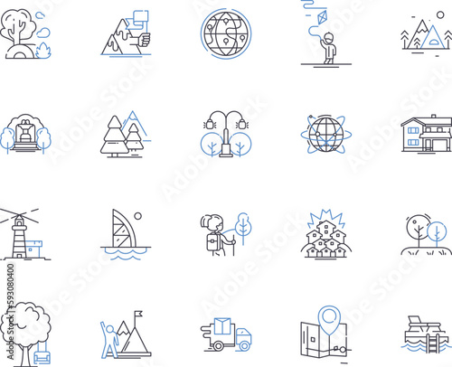 Landscapes and parks outline icons collection. Landscapes, Parks, Greenery, Trails, Nature, Trees, Outdoors vector and illustration concept set. Scenic, Vistas, Fields linear signs photo