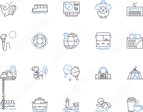 Travel and active people outline icons collection. Travellers, Active, Adventurers, Explorers, Trekkers, Hikers, Nomads vector and illustration concept set. Wanderers, Journeyers, Excursionists linear