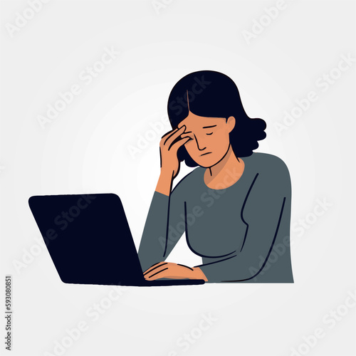 woman tired of working on laptop, vector illustration