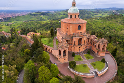 Aerial view of sanctuary of Madonna di San Luca in Bologna