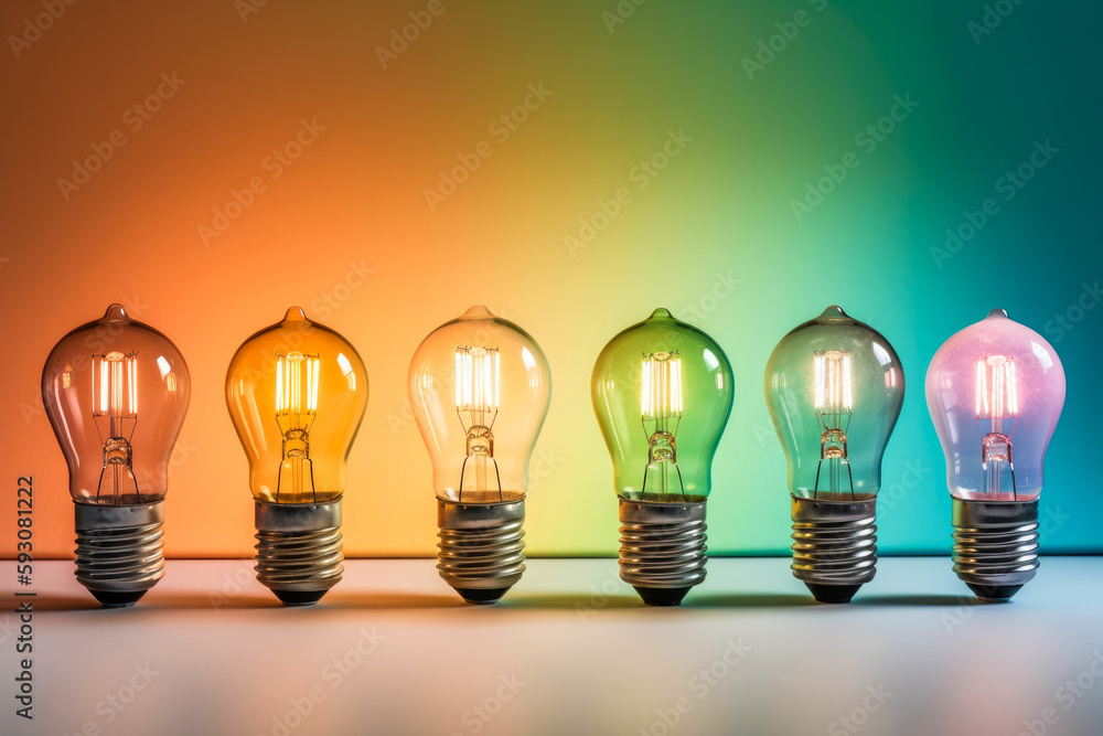 A variety of colored light bulb against a rainbow colored background. Copyspace. Concept. High quality generative ai A variety of colored light bulb against a rainbow colored background. Copyspace. Concept. High quality generative ai