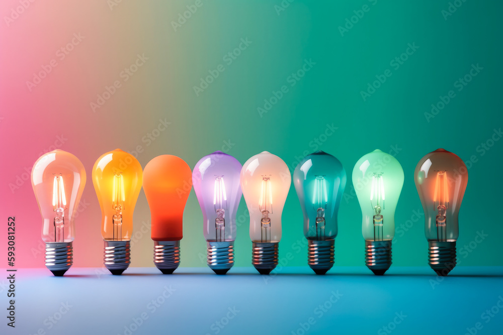 A variety of colored light bulb against a rainbow colored background. Copyspace. Concept. High quality generative ai A variety of colored light bulb against a rainbow colored background. Copyspace. Concept. High quality generative ai