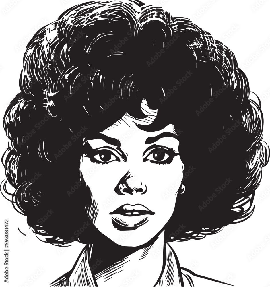 Vintage woman 60s style young woman. Retro comics woman head black and