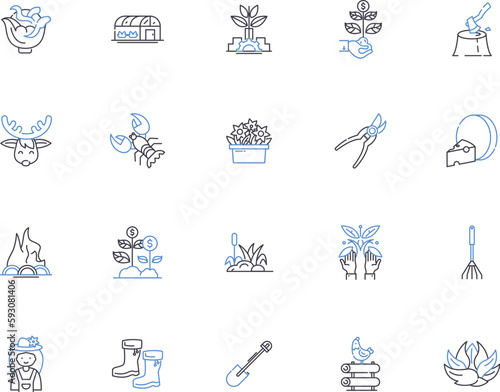 Farming outline icons collection. Cropping, Cultivation, Plowing, Planting, Tillage, Irrigation, Reaping vector and illustration concept set. Harvesting, Sowing, Weeding linear signs