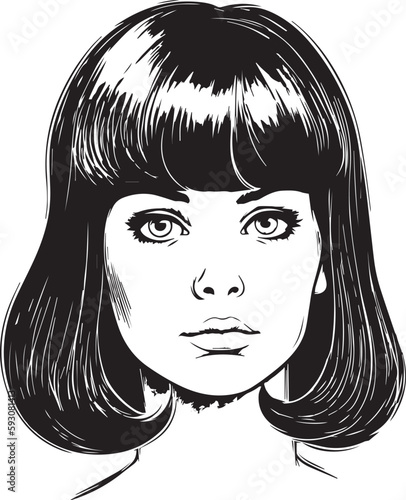 Vintage woman 60s style young woman. Retro comics woman head black and white ink drawing, American cartoon advertising illustration, vector, SVG