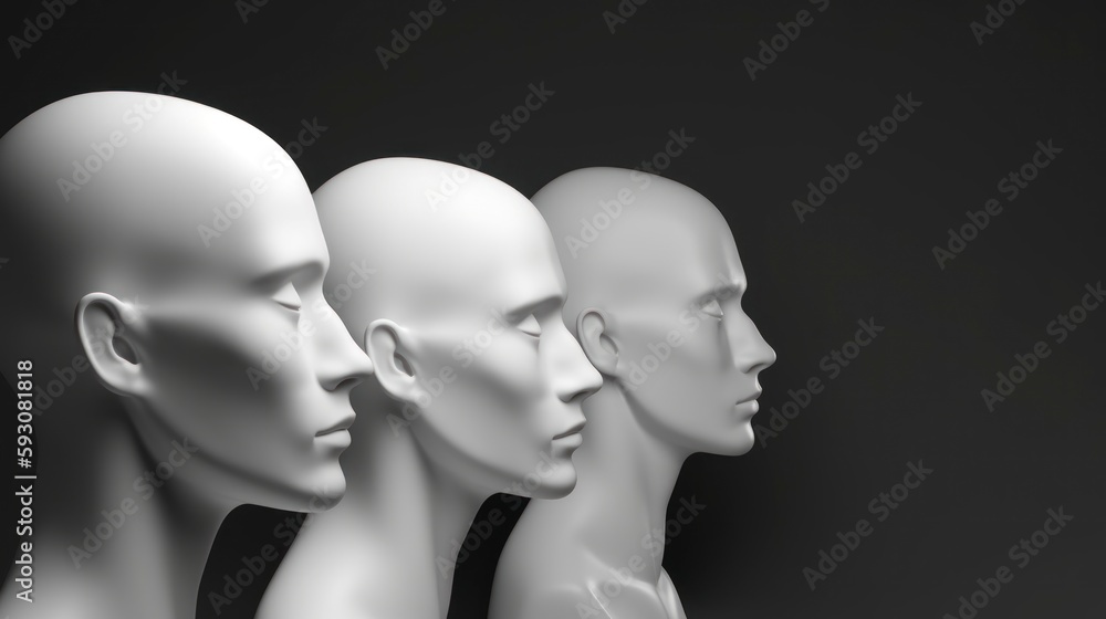 mannequin heads isolated on dark black background, Blank White Head Side view, plastic human faceless dummy figure, wig holder 3D render illustration copy space , generative ai mannequin heads isolated on dark black background, Blank White Head Side view, plastic human faceless dummy figure, wig holder 3D render illustration copy space , generative ai