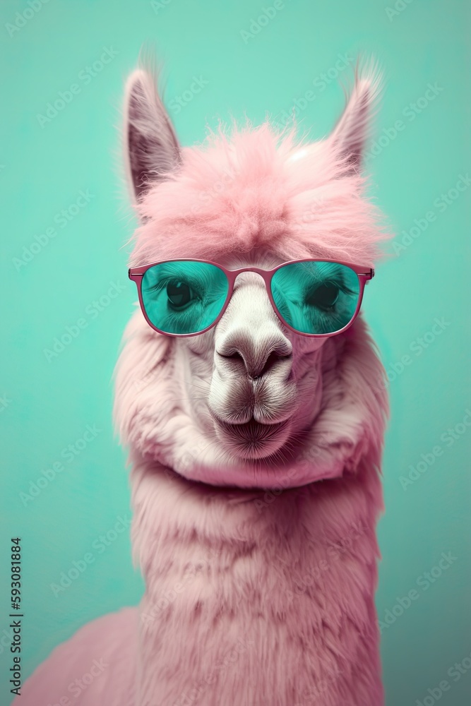 Cool Alpaca Look: Pink Llama Wearing Turquoise Sunglasses on Pink Background. Generative AI