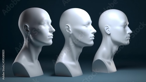 mannequin heads isolated on dark black background, Blank White Head Side view, plastic human faceless dummy figure, wig holder 3D render illustration copy space , generative ai