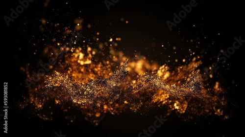 A Glimmering Gold Gala: Bookeh Bokeh Background with Sparkling Gold Dust and Falling Black Light Particles, Generative AI
