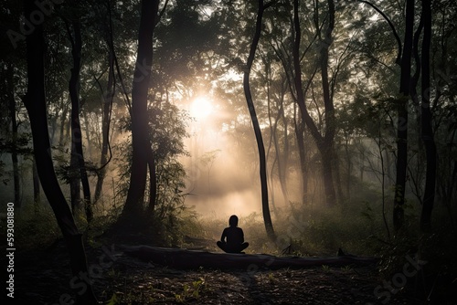 Be Mindful in a Peaceful Sanctuary: A Person Meditating in a Serene Forest Setting, Surrounded by Tall Trees and Foliage: Generative AI