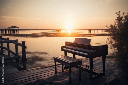Classic Keyboard Meets Nature's Majesty: A Piano at Sunset on a Dock: Generative AI © AIGen