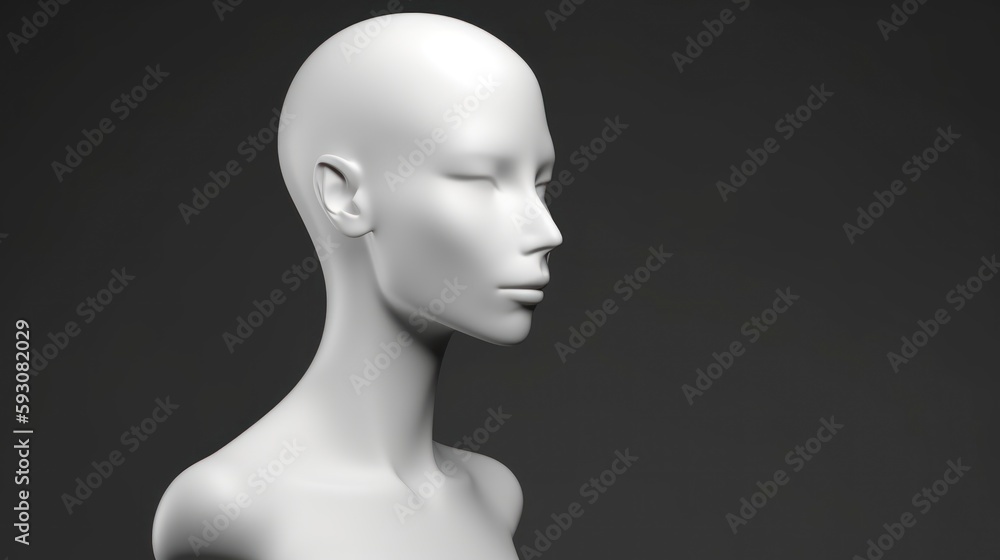 white mannequin head isolated on dark background, Blank White Head Side view, plastic human faceless dummy figure, wig holder 3D render illustration, generative ai white mannequin head isolated on dark background, Blank White Head Side view, plastic human faceless dummy figure, wig holder 3D render illustration, generative ai