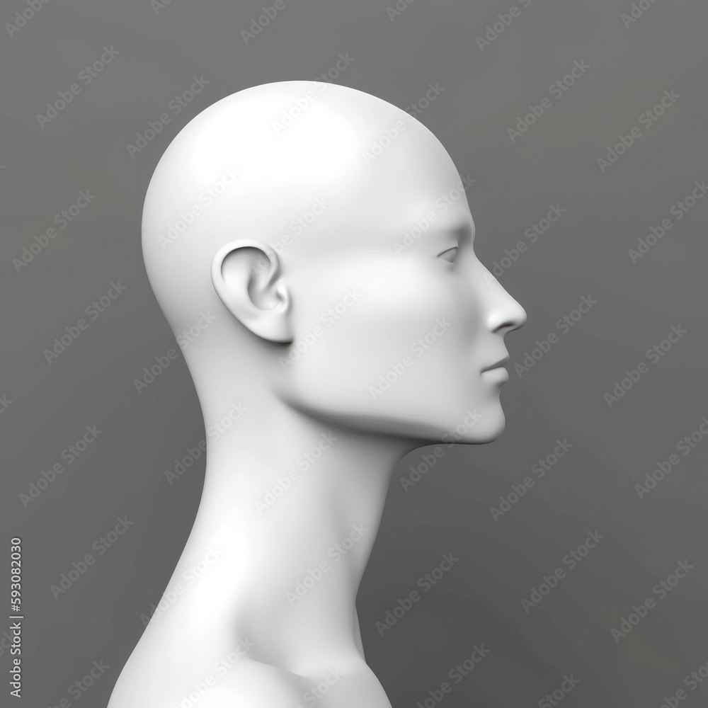 white mannequin head isolated on dark background, Blank White Head Side view, plastic human faceless dummy figure, wig holder 3D render illustration, generative ai white mannequin head isolated on dark background, Blank White Head Side view, plastic human faceless dummy figure, wig holder 3D render illustration, generative ai