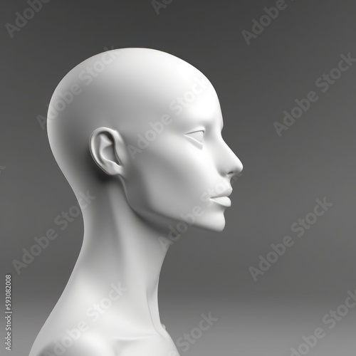 mannequin head isolated on dark background, Blank White Head Side view, plastic human faceless dummy figure, wig holder 3D render illustration, generative ai