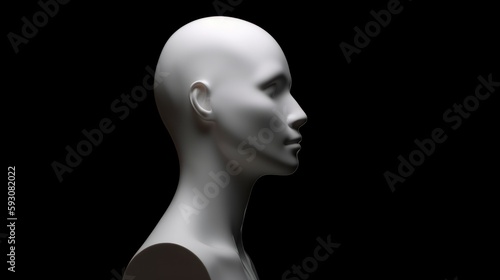 white mannequin head isolated on dark background, Blank White Head Side view, plastic human faceless dummy figure shadows, wig holder 3D render illustration, generative ai