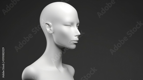 white mannequin head isolated on dark background, Blank White Head Side view, plastic human faceless dummy figure, wig holder 3D render illustration, generative ai 