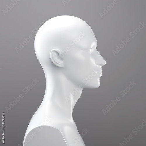 mannequin head isolated on white background, Blank White Head Side view, plastic human faceless dummy figure, wig holder 3D render illustration, generative ai