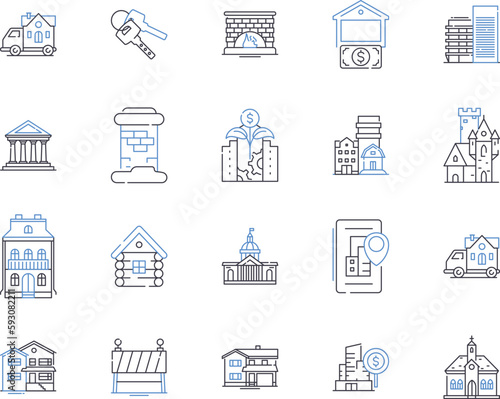 Realty and building outline icons collection. Realty, Building, Estate, Property, Land, Investment, Construction vector and illustration concept set. House, Home, Mortgage linear signs