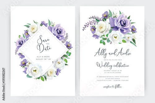 Vector, wedding invite card template set. Watercolor style, purple, violet, white garden rose flowers, helleborum, lisanthus, eucalyptus green leaf bouquet illustration. Editable floral frame, border