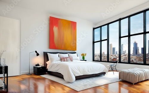 Photo of a modern bedroom with panoramic city views