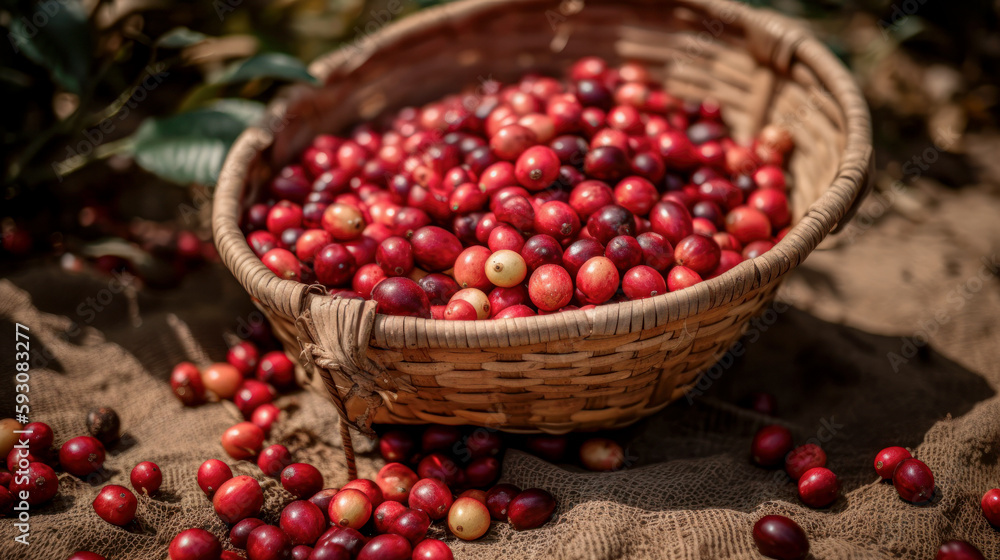 Basket full of red coffee freshly picked from the harvest Basket full of red coffee freshly picked from the harvest