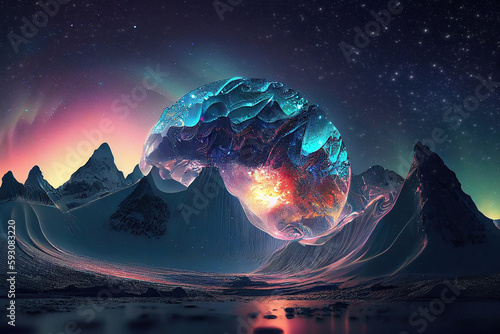 Abstract mountain landscape at night with northern lights aurora borealis made with generative AI © Iryna