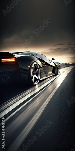 Speeding black sports car at dusk on wide highway (non existent car design, full generic) For illustration,. Generative AI