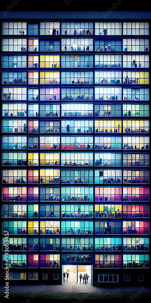 Image of a front view of a big town block apartment building at night with multicolor lights in windows made with generative AI Image of a front view of a big town block apartment building at night with multicolor lights in windows made with generative AI