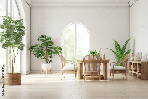 Mockup of a Scandinavian-Boho wall in a plain  white room with wooden furniture. Generative AI