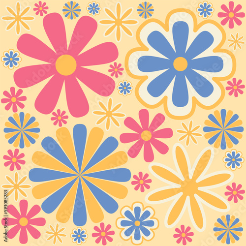 Colorful 60s -70s style retro hand drawn floral pattern. Pink and yellow flowers. Vintage seamless vector background. Hippie style, print for fabric, swimsuit, fashion prints and surface design