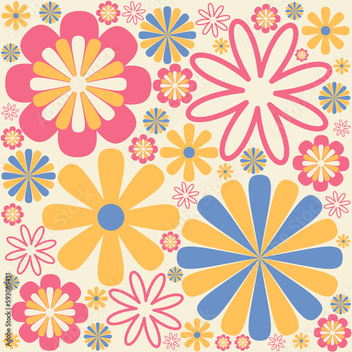 Colorful 60s -70s style retro hand drawn floral pattern. Pink and yellow flowers. Vintage seamless vector background. Hippie style  print for fabric  swimsuit  fashion prints and surface design