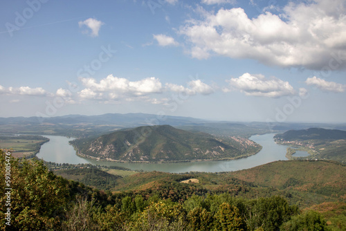 Aerial view of the Danube bend in Hungary, sunny day